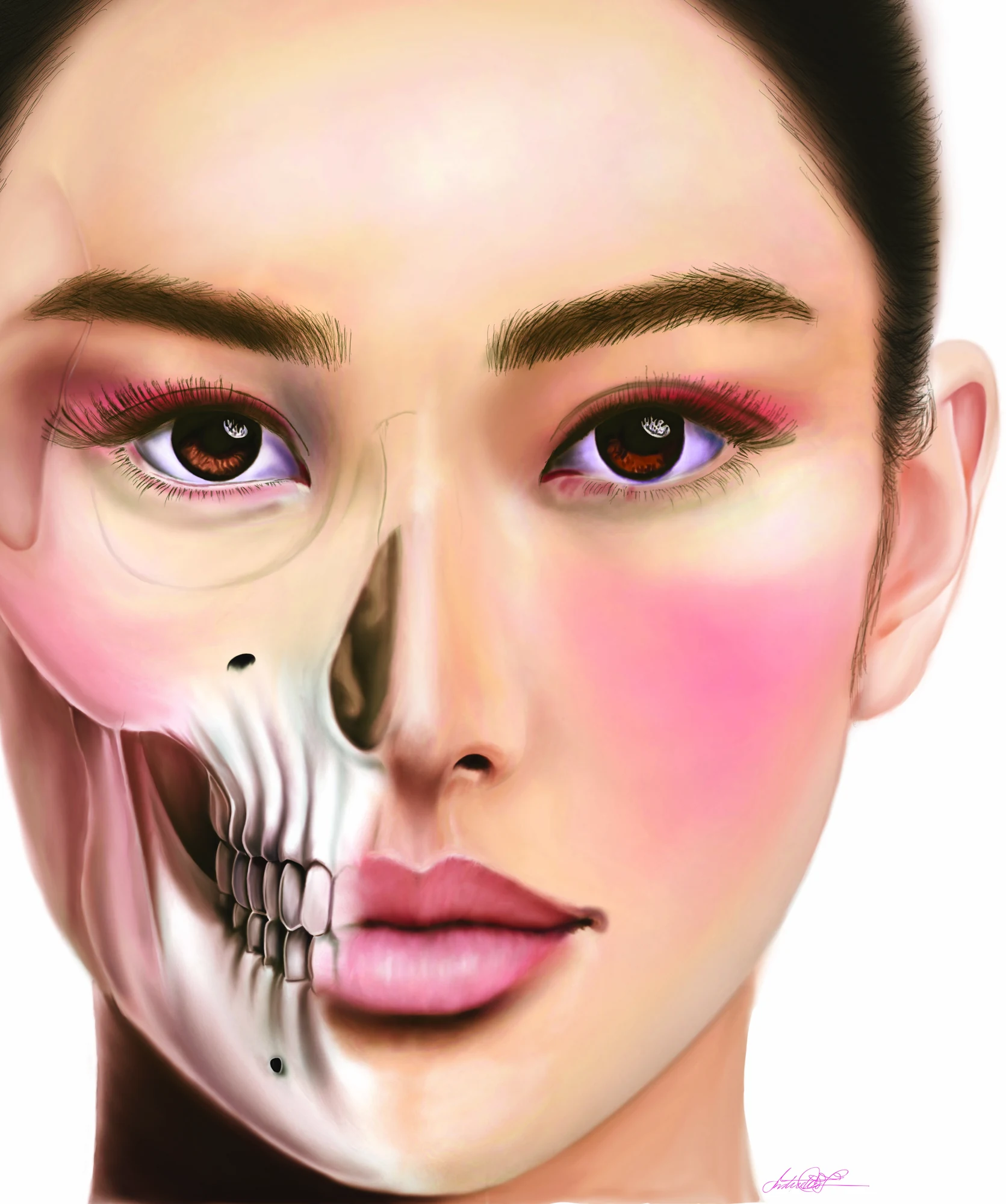 Digital artwork by Dr. Justine C. Lee: a woman's face shown simultaneously as living skin and underlying bone structure, representing the intersection of art, anatomy, and surgery